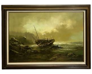 Signed Dennis Shipwreck Seascape Oil on Canvas