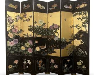 6 Panel Asian Black Lacquer Gilt Folding Room