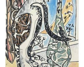 Signed John Craxton Surrealist Acrylic on Paper