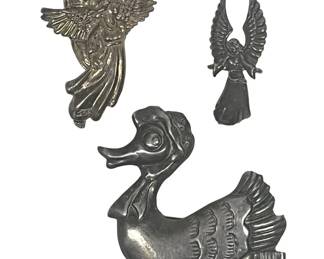(3) Vintage Sterling Silver Angels Duck Brooches