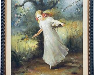 Large Antique Impressionist - Girl with Flowers