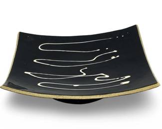 Signed Black & White Glazed Ceramic Square Plate
