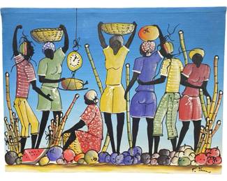Signed Haitian Folk Art Acrylic on Canvas