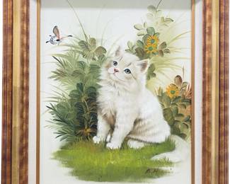 B. Harris White Persian Cat Oil on Canvas