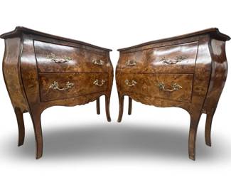 Pair Louis XVI Style Bombe Burl Walnut Commodes