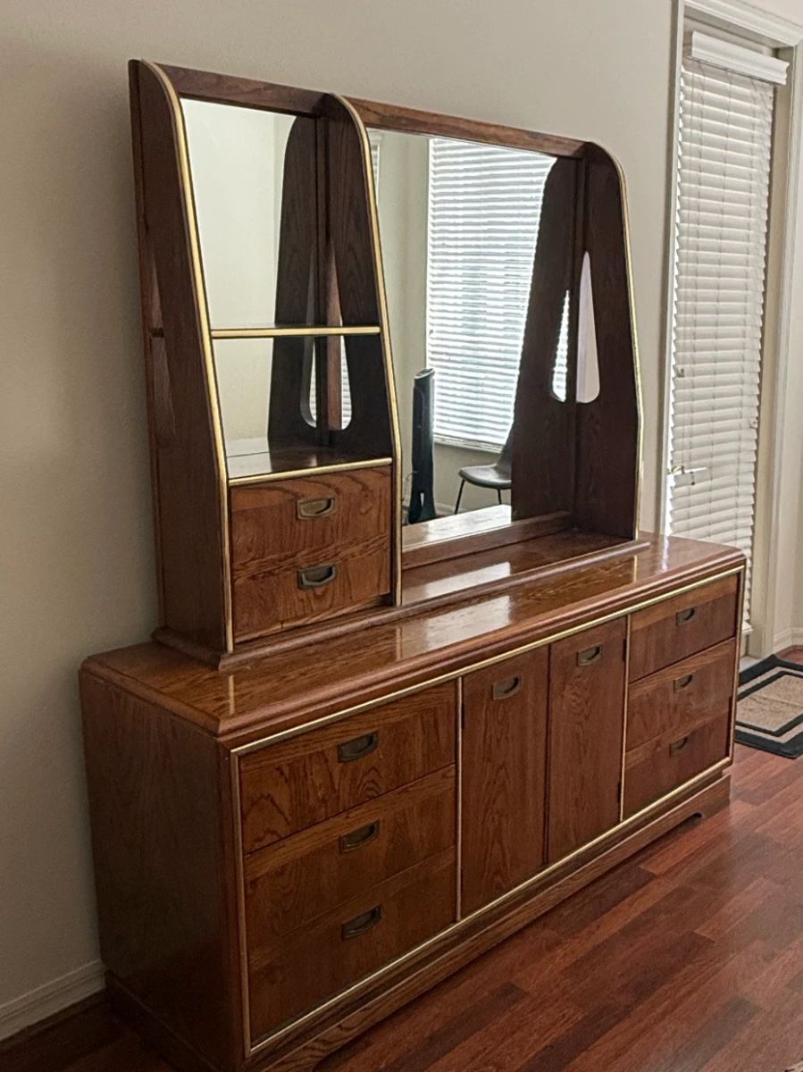 MidCentury Modern Oak Dresser with Integrated Hutch Mirror