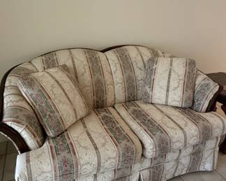 Traditional Camelback Loveseat with Striped Damask Upholstery