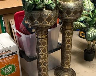 Pair of IndoPersian Style Etched Brass Pedestal Planters