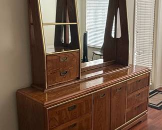 MidCentury Modern Oak Dresser with Integrated Hutch Mirror