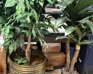 Vintage Embossed Brass Planter with Artificial Dracaena Tree