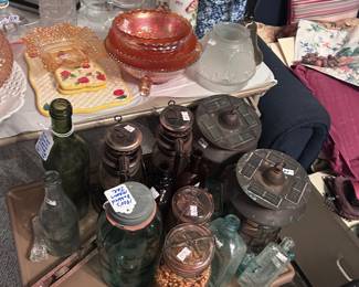 Antique ball jars, Vtg bottles and unique dishes