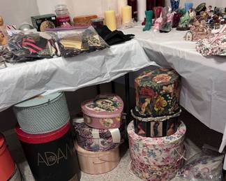 Tons of Vtg hat boxes and Fenton glass shoes