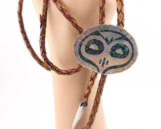 Vintage Sterling OWL Face Leather Bolo