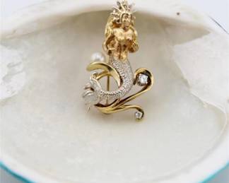 58 Vintage Gold Mermaid Pendant w Pearl Diamond Pin