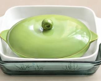 Green covered casserole with baking dishes. All of these collectibles are sold as separate items.