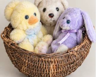 Stuffed plushies in basket. Basket and each plush are sold separately. 
