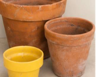 Terracotta and yellow garden pots. Sold seperately