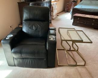 Electric leather recliner and two brass and glass side tables
