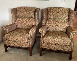 Pair of high back fabric chairs