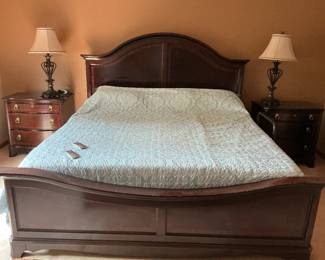 Like new Walter E. Smithe king bedroom set.  Headboard, footboard, two nightstands.  Bed is a lift bed.  Headboard and footboard presale $450.  Lift mattress $ 1495