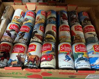 Fun set of 1970s Schmidt beer cans.  Has 17 in the collection plus the four added cans. This is the Nature series. Set complete.