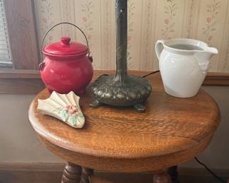 Tiffany Style Stain Glass Lamp, Vintage wood accent table