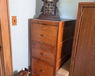 Antique Clock, Vintage Oak Filing Cabinet