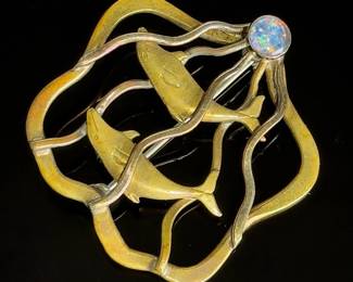 Vintage Black Opal Dolphin Brooch Pin Mixed Metal Ocean Wave Pendant