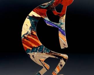 Southwestern Patinated Metal Kokopelli Statue on Natural Sandstone Base