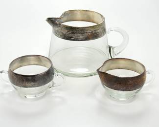 Dorothy Thorpe Mid-Century Silver Scroll Glass Coffee Pot Creamer Sugar Set