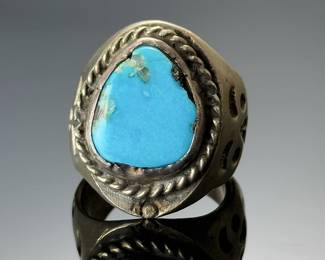Vintage Navajo Sleeping Beauty Turquoise Sterling Silver Ring - Size 9 Heavy