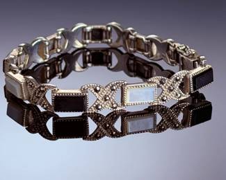 Sterling Silver Onyx Mother of Pearl Marcasite Art Deco Link Bracelet 925