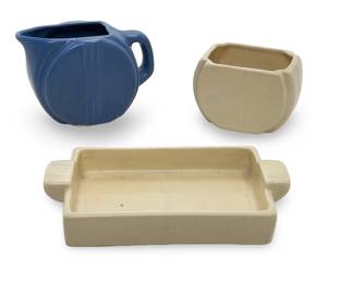 Vintage Art Deco Ceramic Sugar and Creamer Set with Tray - 3 Piece Blue & Cream