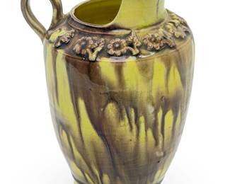 Vintage Brush-McCoy Art Pottery Drip Glaze Pitcher - 1930s Floral Relief Jug