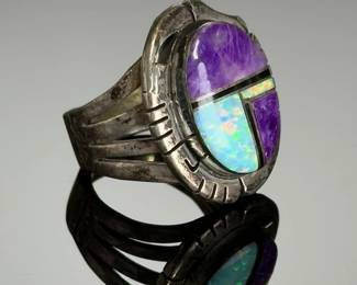 Navajo Sterling Silver Charoite & Fire Opal Inlay Ring Size 9.25 Signed JP