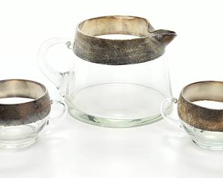 Dorothy Thorpe Mid-Century Silver Scroll Glass Coffee Pot Creamer Sugar Set