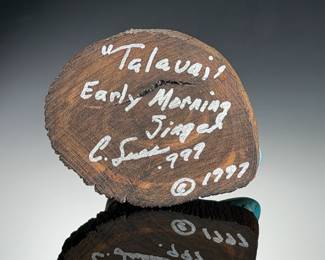 Carol Sues Hopi .999 Silver Talavai Kachina Sculpture on Turquoise Base 1997