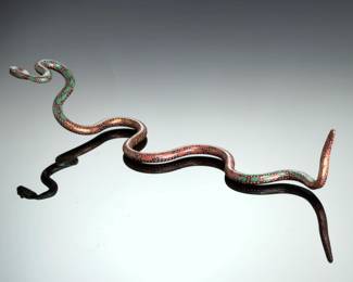 Signed Native American Painted Copper Snake Sculpture - Southwestern Metal Art