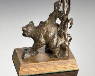 Rich Muno "Corn Thief" Bronze Raccoon Sculpture on Wood Base