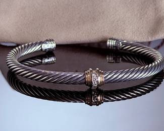 David Yurman 18K Gold Diamond Sterling Silver 5mm Cable Classics Cuff Bracelet