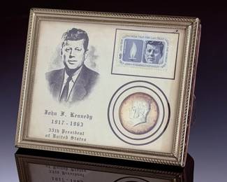 Framed 1964 JFK Memorial Stamp & 90% Silver Half Dollar Coin Tribute Set
