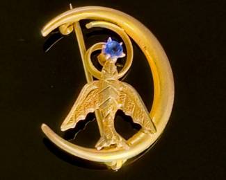 Antique 10K Yellow Gold Crescent Moon Swallow Bird Brooch Pin Blue Sapphire