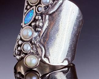 Silpada Sterling Silver Pearl & Opal Wide Shield Ring Size 10 Israel R1974
