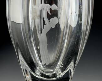 Bengt Edenfalk Skruf Sweden Etched Crystal Mother & Child Art Glass Vase