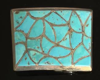 Zuni Turquoise Mosaic Inlay Silver Belt Buckle Edison Laurenda Bobelu ELB