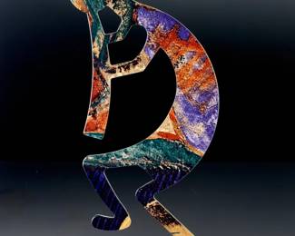 Southwestern Patinated Metal Kokopelli Statue on Natural Sandstone Base