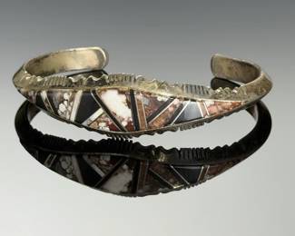 Navajo Ted Etsitty Sterling Wild Horse Onyx Inlay Cuff Bracelet