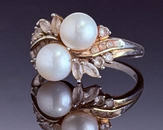 Adrienne Vittadini Sterling Silver Toi et Moi Dual Pearl & CZ Ring - Size 8.75