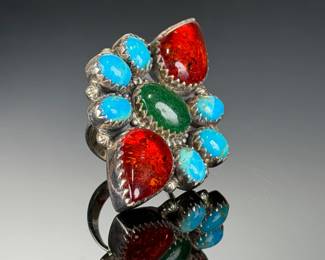 Huge Sterling Silver Studio Statement Ring Amber Turquoise Jade Adjustable 29g