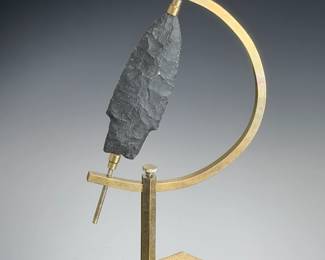 Archaic Style Knapped Flint Arrowhead Specimen on Custom Brass Caliper Stand